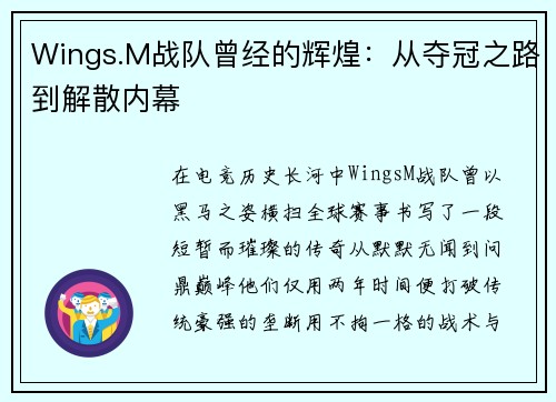 Wings.M战队曾经的辉煌：从夺冠之路到解散内幕