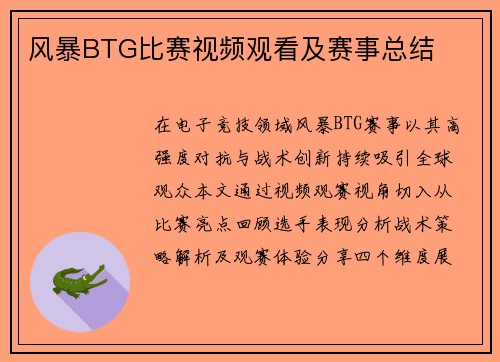 风暴BTG比赛视频观看及赛事总结