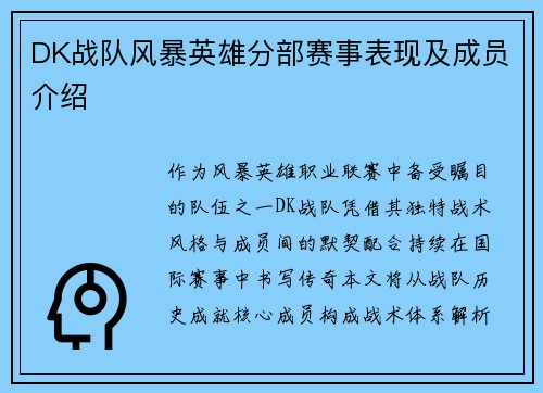 DK战队风暴英雄分部赛事表现及成员介绍