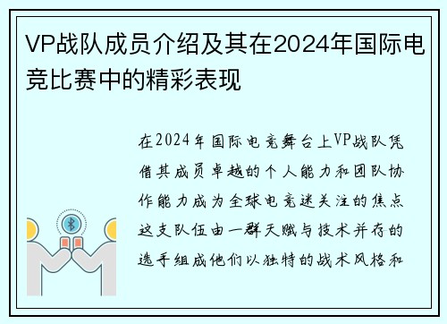 VP战队成员介绍及其在2024年国际电竞比赛中的精彩表现